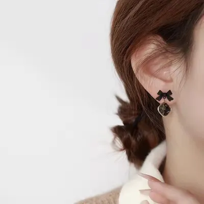 Black and Golden Bow Crystal Earrings